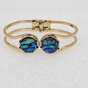 Ariki Double Circle Paua Shell 22K Gold Plated Bracelet Hinged Cuff New Zealand